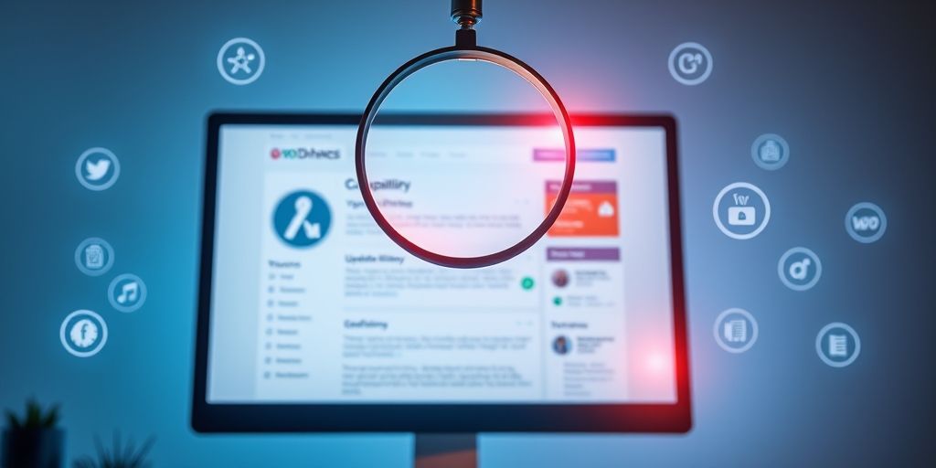 A magnifying glass hovering over a computer screen showing a WordPress theme details page, with highlighted sections for compatibility badges, update history, and user reviews, surrounded by floating icons of popular plugins like Yoast, Elementor, and WooCommerce.