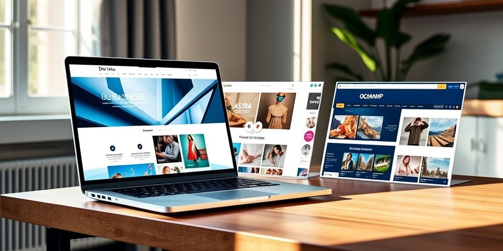 A modern laptop displaying three popular WordPress themes: Divi with a business layout, Astra with a blog design, and OceanWP with an online store, each showing seamless integration with WooCommerce, Elementor, and Yoast SEO plugins.