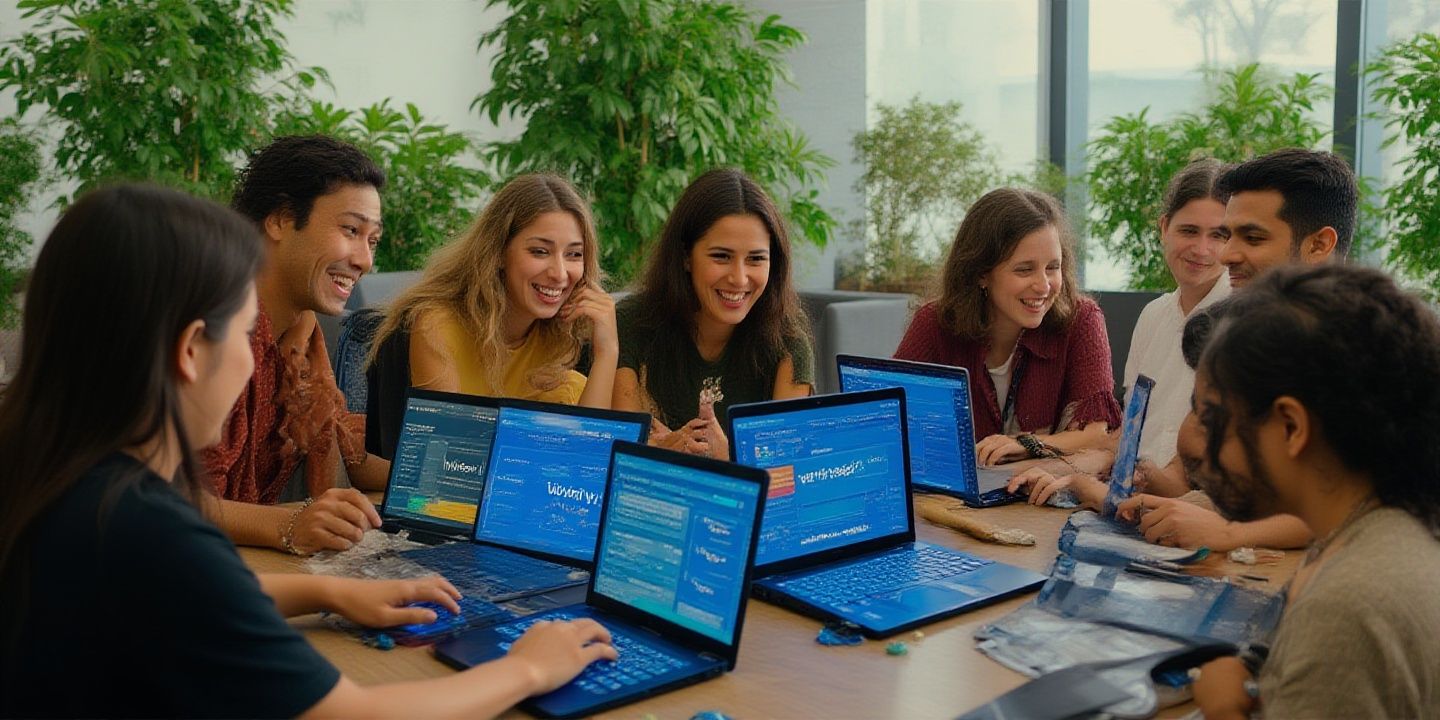 A diverse team of content creators collaborating around a laptop showing multiple AI tool interfaces, with Persian text visible on screens, in a modern co-working space with plants and natural light.