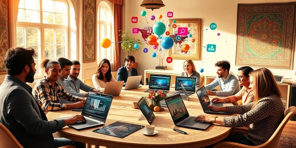A diverse team of content creators collaborating around a table with laptops showing various AI content tools, colorful data visualizations floating above them, in a sunlit modern office with Persian decor elements.
