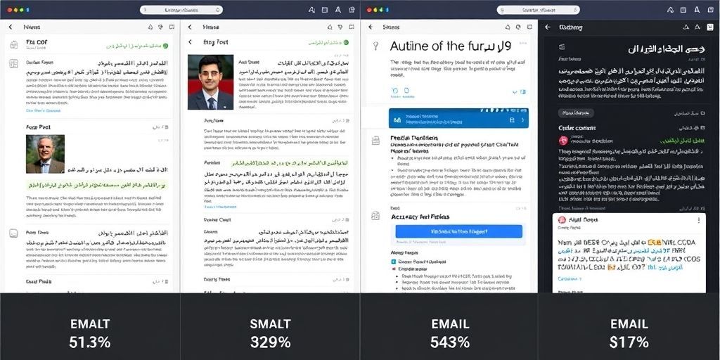 Side-by-side comparison of four different AI tool interfaces on multiple screens, showing Persian text generation for blog posts, social media captions, and email content, with accuracy metrics displayed.