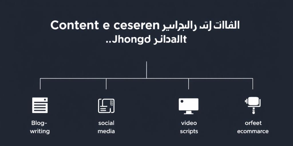 A flowchart in Persian showing content creators choosing AI tools based on their needs, with icons representing blog writing, social media, video scripts, and e-commerce.