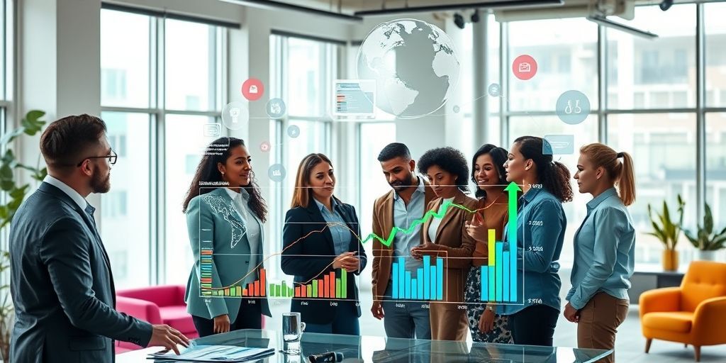 A diverse team of professionals analyzing financial charts on a transparent board, with icons representing different industries (tech, healthcare, retail) floating around them, in a modern office setting with natural lighting.