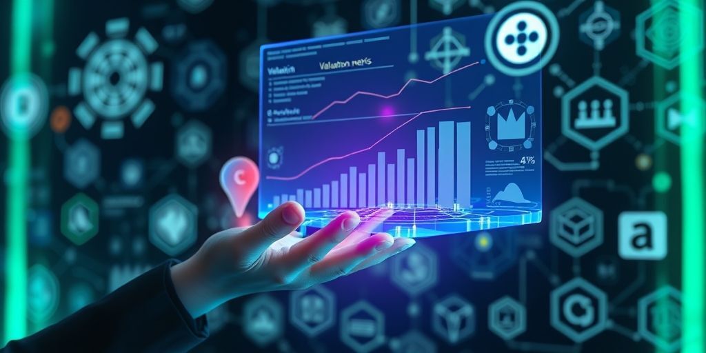 Futuristic holographic interface displaying valuation metrics floating above hands interacting with digital elements, with background symbols representing AI, blockchain, and biotech industries.