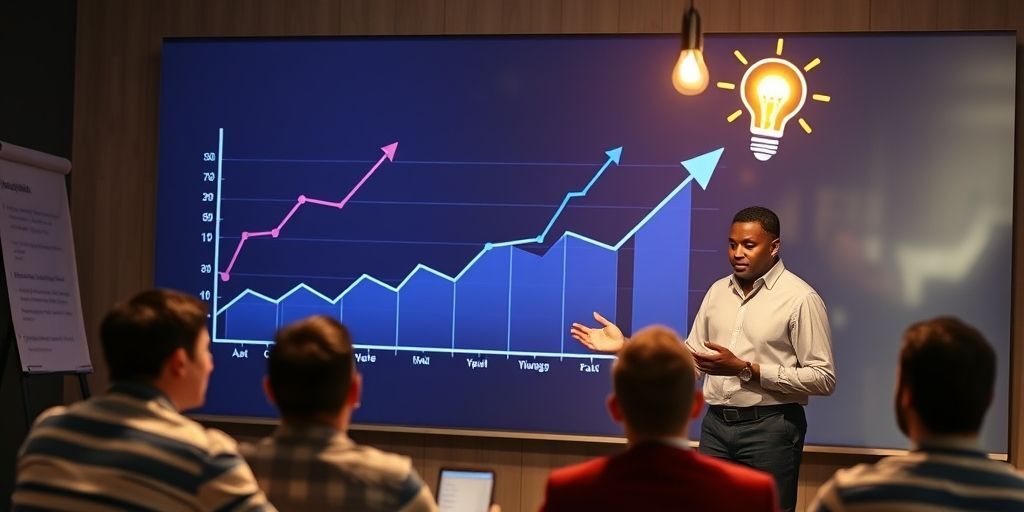 Entrepreneur presenting a growth roadmap to investors, with upward trending graphs and lightbulb ideas floating in the background, conveying innovation and strategic planning.