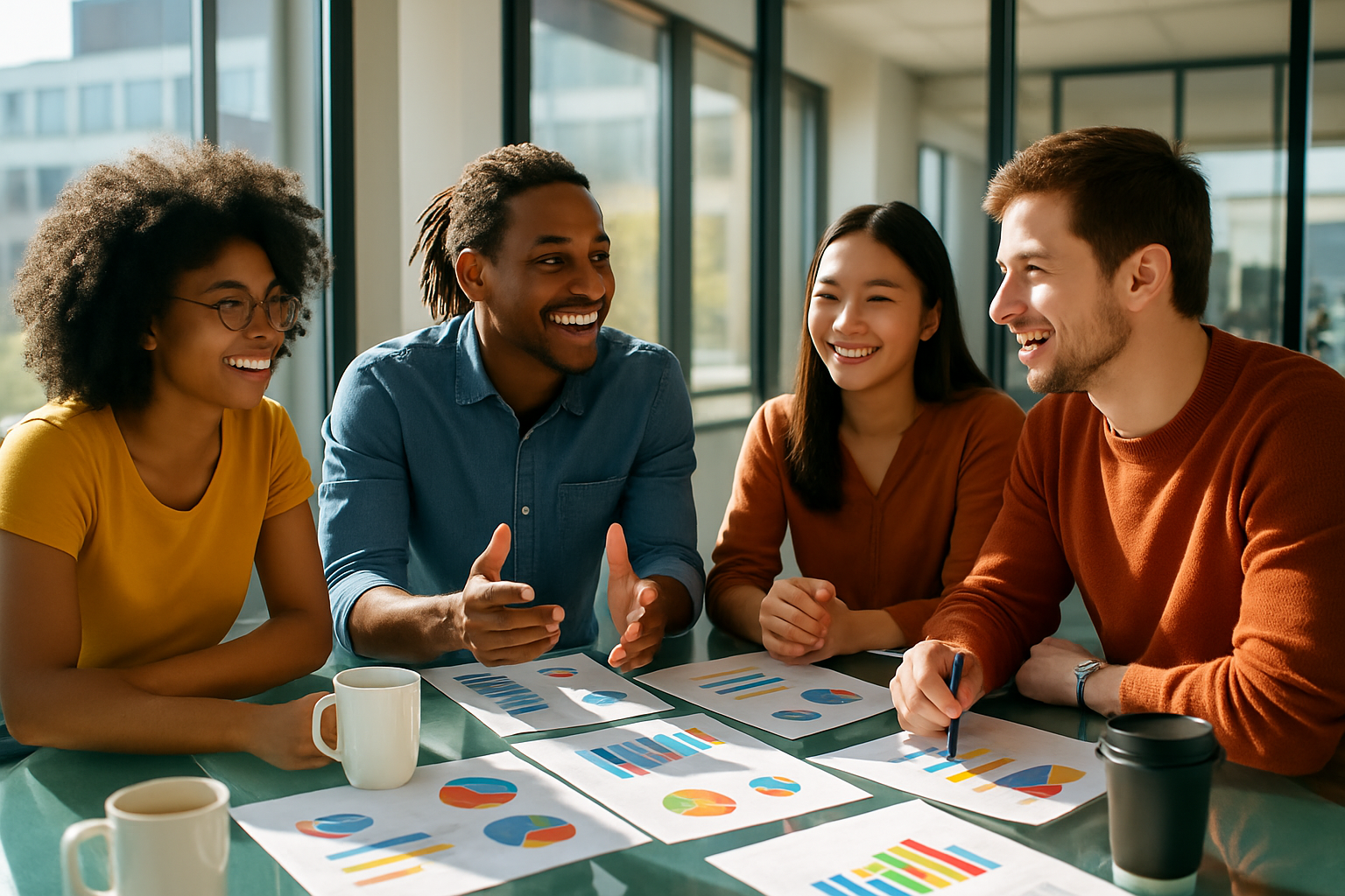 A diverse team of young entrepreneurs discussing startup valuation around a modern glass table, with financial charts and coffee cups visible, sunlight streaming through office windows, conveying collaboration and innovation.