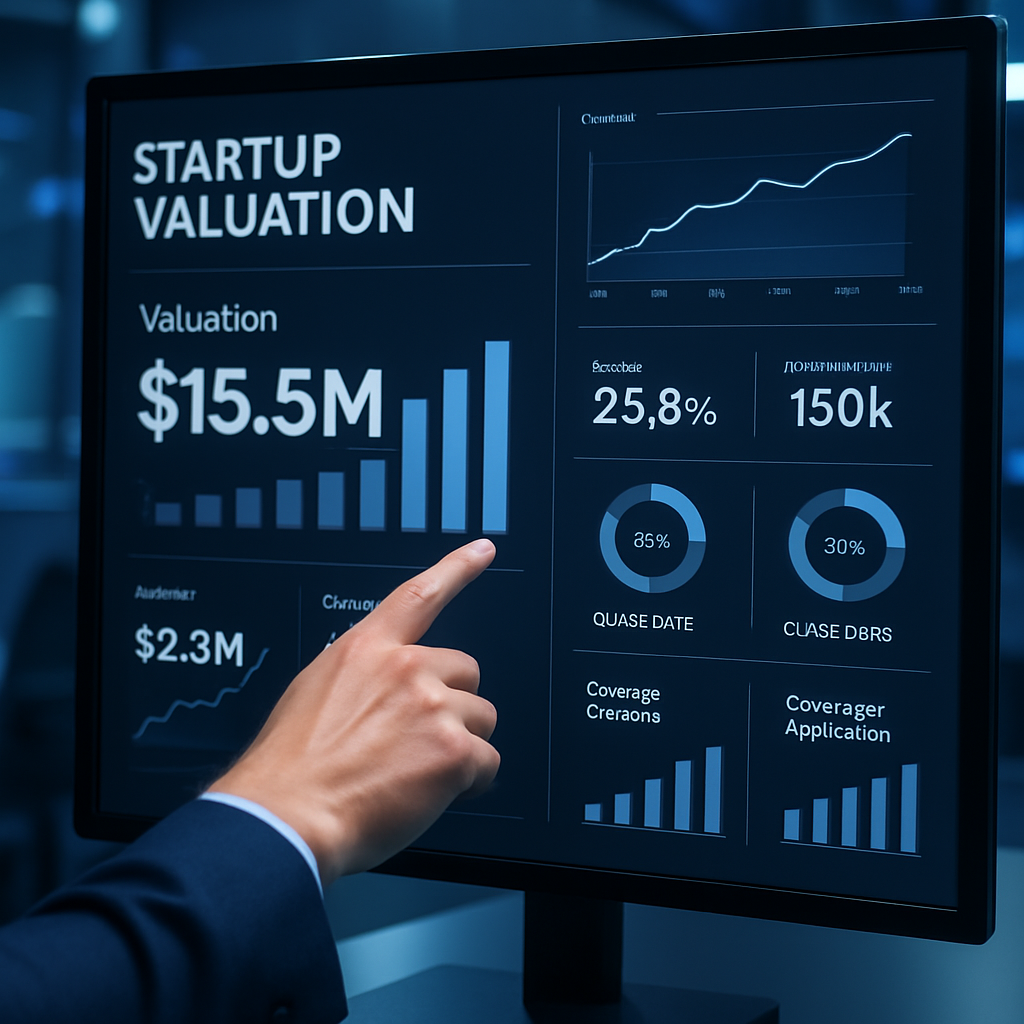 A modern dashboard showing various startup valuation metrics and growth charts on a digital screen, with a hand pointing at key data points, in a high-tech office environment.