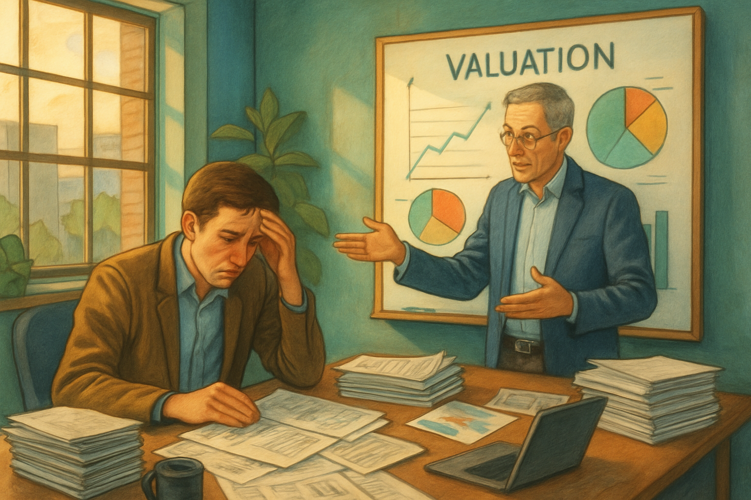 An entrepreneur looking stressed at financial documents, with a mentor calmly explaining valuation concepts using visual aids, showing guidance and problem-solving.