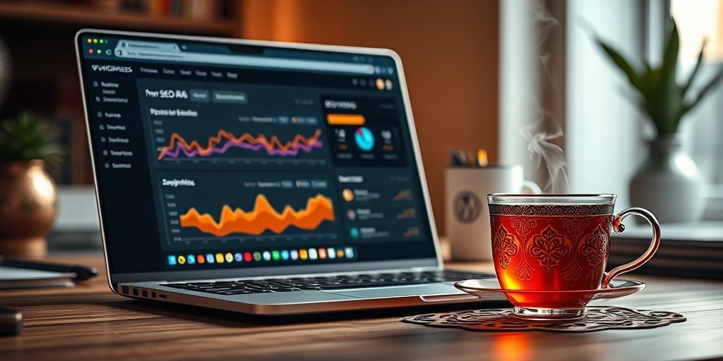 A modern WordPress dashboard interface with SEO analytics charts visible, Persian text in the browser tab, and a cup of traditional Persian tea beside the laptop, symbolizing a productive work environment