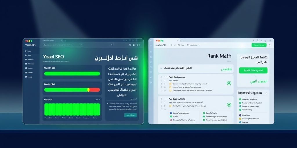 A split-screen showing Yoast SEO and Rank Math plugin interfaces in Persian, with green SEO score indicators and keyword suggestion boxes visible