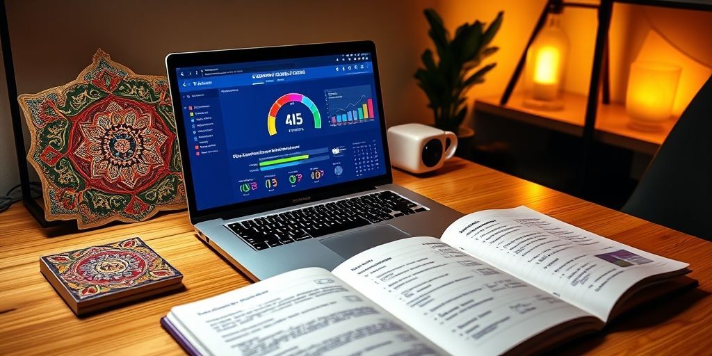 A laptop displaying WordPress speed optimization tools like GTmetrix scores, with Persian calendar and notebook showing website performance metrics