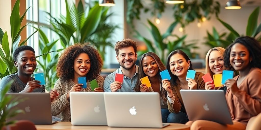 A diverse group of people smiling while holding colorful gift cards, sitting in a modern co-working space with laptops and plants, symbolizing engagement and reward in digital content strategies.