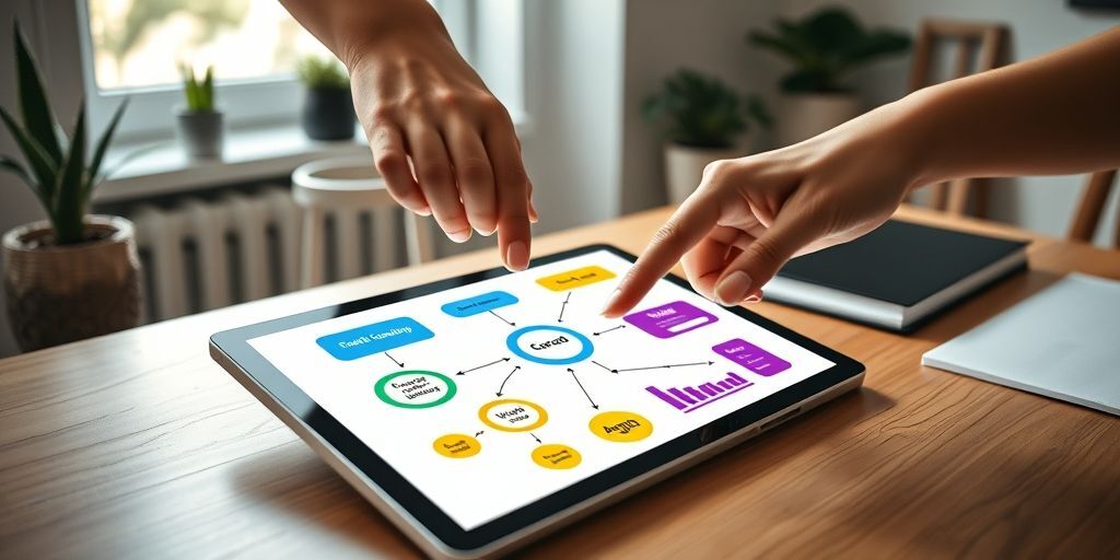 A flowchart on a tablet screen showing steps of gift card integration: content creation, audience targeting, reward distribution, and analytics tracking, with hands pointing at different stages.