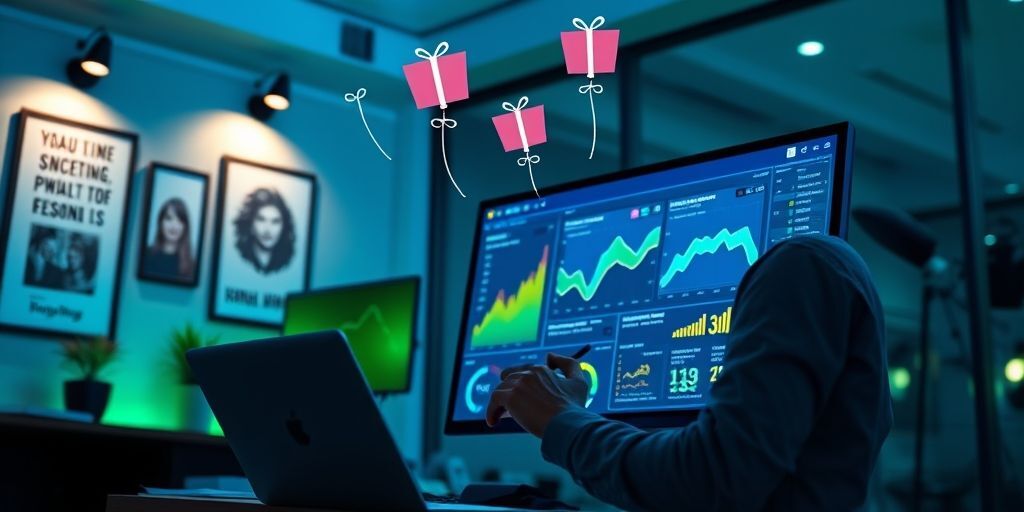 A marketer analyzing data on a dashboard showing engagement metrics, with gift card icons floating above, representing strategy optimization and success measurement.