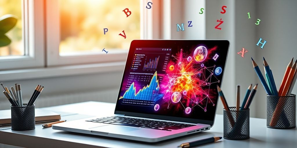 A modern laptop showing Persian text analysis with colorful NLP visualization graphs, surrounded by floating Persian alphabet characters and SEO ranking symbols, in a bright workspace setting.