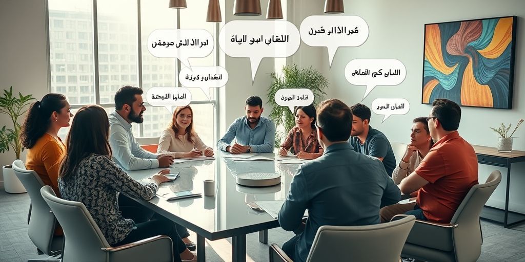 A diverse group of people discussing SEO strategies around a table, with Persian text bubbles showing natural language questions and semantic connections, in a modern office environment.