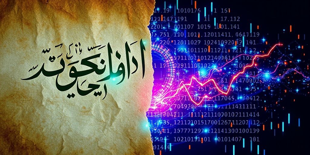 A split image showing Persian calligraphy blending with digital code and SEO metrics, symbolizing the fusion of traditional language and modern NLP technology.