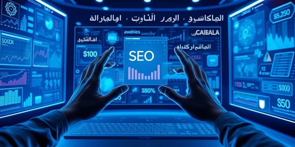 A futuristic interface showing human hands interacting with holographic SEO analytics dashboards and AI neural networks, with Persian text elements floating in the background, symbolizing the fusion of technology and strategy.