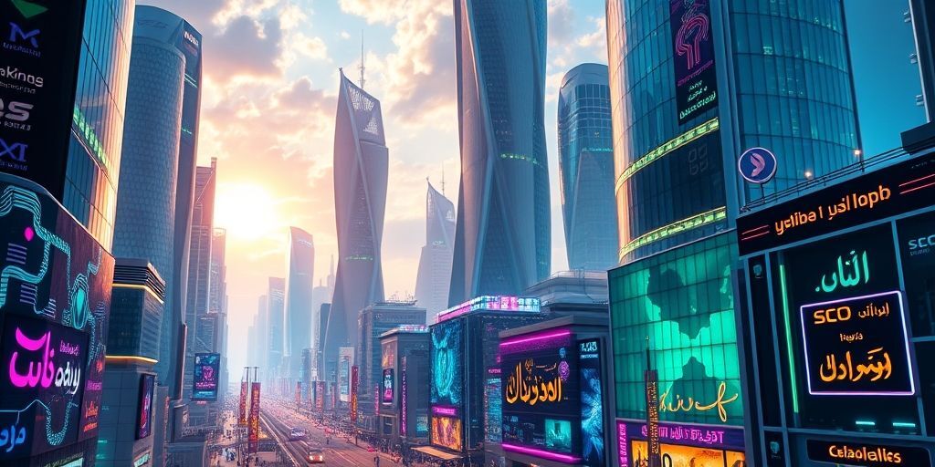 A futuristic cityscape where SEO concepts like ranking factors and content clusters physically interact with AI neural networks, creating a symbiotic digital landscape, with Persian typography integrated into the design.