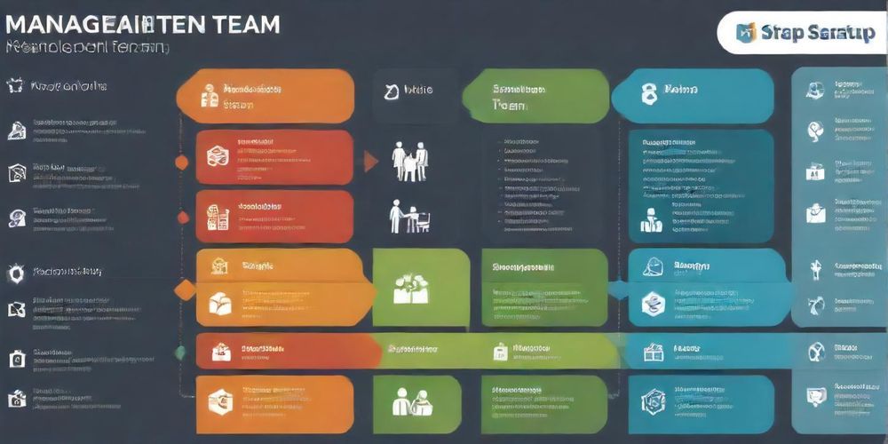 An infographic showing the key roles and responsibilities of a management team in a startup, with emphasis on leadership, decision-making, and strategic vision.