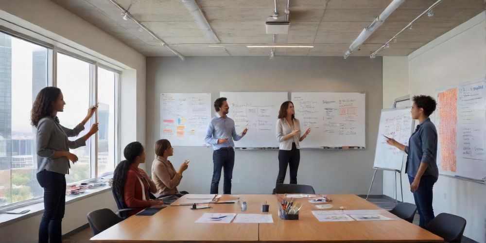 A diverse management team engaged in a strategic meeting, discussing plans and brainstorming ideas on a whiteboard, highlighting collaboration and leadership.