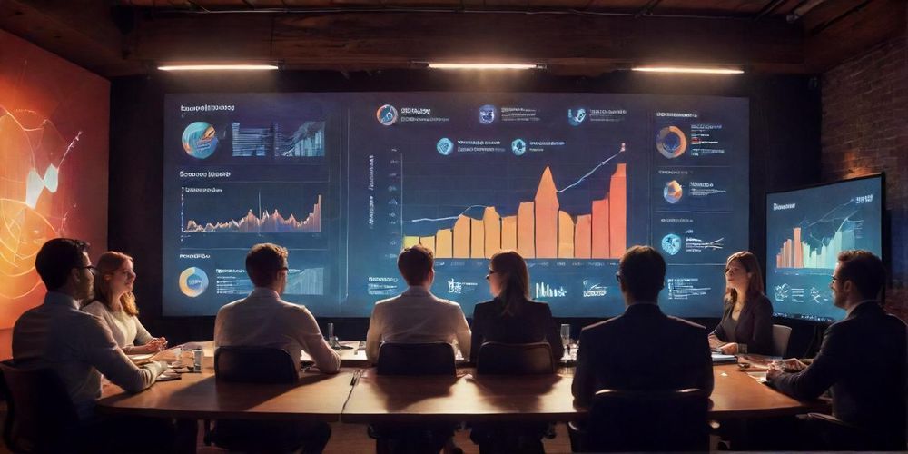 An illustration depicting a startup pitching to investors, showcasing the management team’s confidence and strategic planning on a presentation screen.