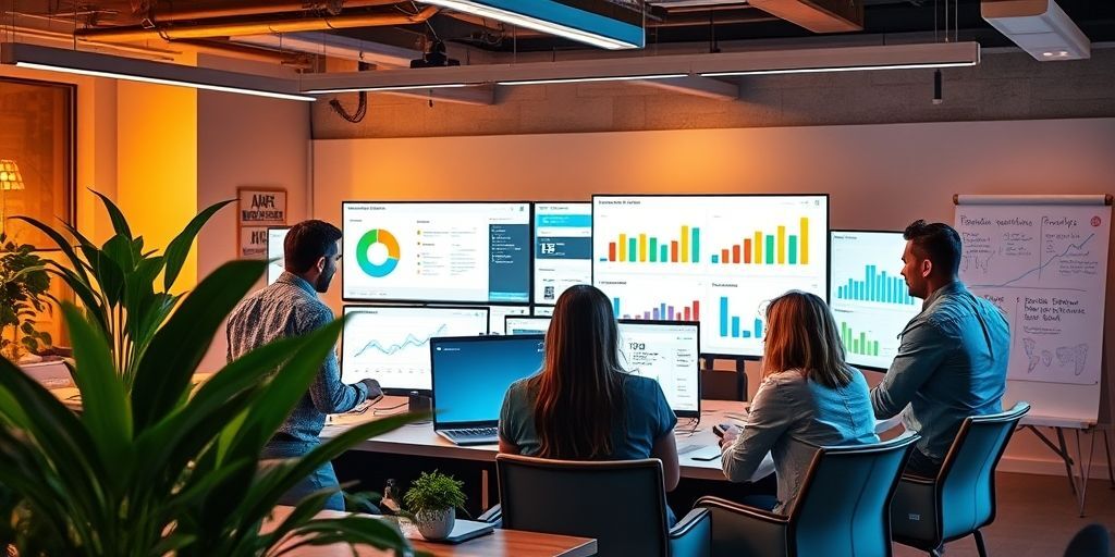A diverse team of young entrepreneurs collaborating in a modern startup office, analyzing digital PR metrics on multiple screens showing social media dashboards and engagement graphs, with plants and whiteboards in background.