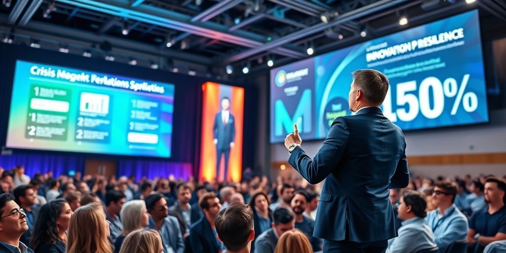 A startup founder speaking at a tech conference, gesturing towards a slide showing crisis management strategies, with attentive audience and digital PR statistics displayed on stage screens.