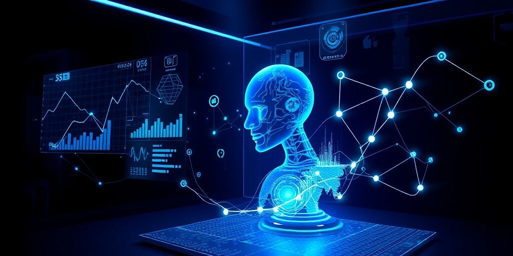 Futuristic holographic interface showing AI analyzing social media trends for a startup, with floating data visualizations and global network connections in a dark high-tech environment.
