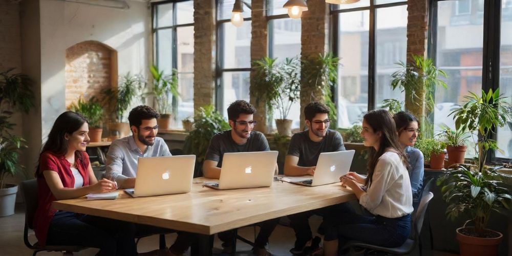 A group of young Persian entrepreneurs working together on their startup ideas while using social media on laptops and phones, exemplifying teamwork and innovation in a modern office environment.