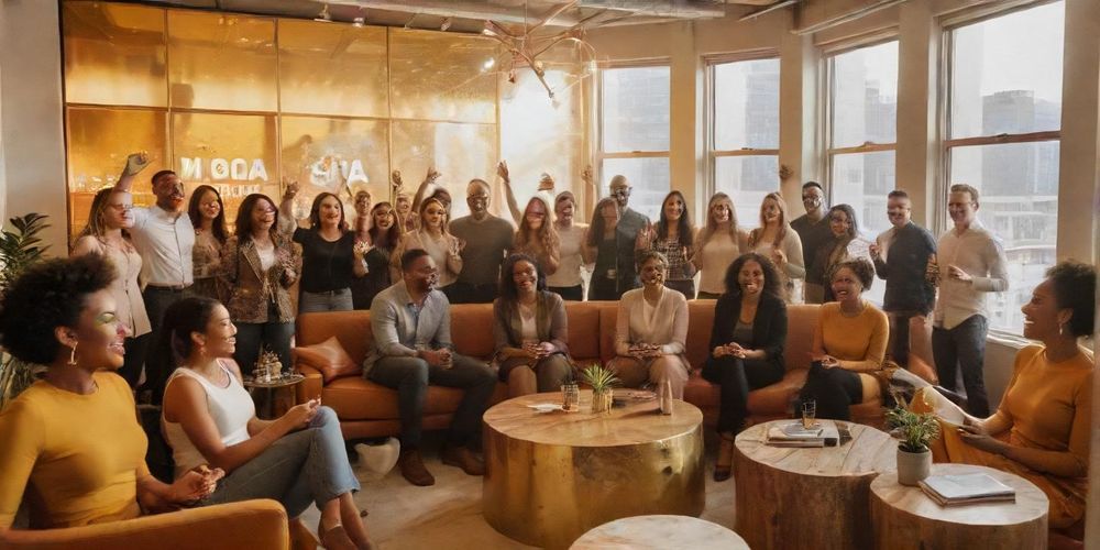 A diverse group of startup founders celebrating their social media marketing success in a modern office, showcasing unity and achievement through teamwork and innovative strategies.