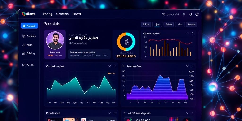 A futuristic digital interface showing personalized content recommendations in Persian language, with user profile analytics and AI algorithms visually represented by glowing neural networks, vibrant colors, modern dashboard design.