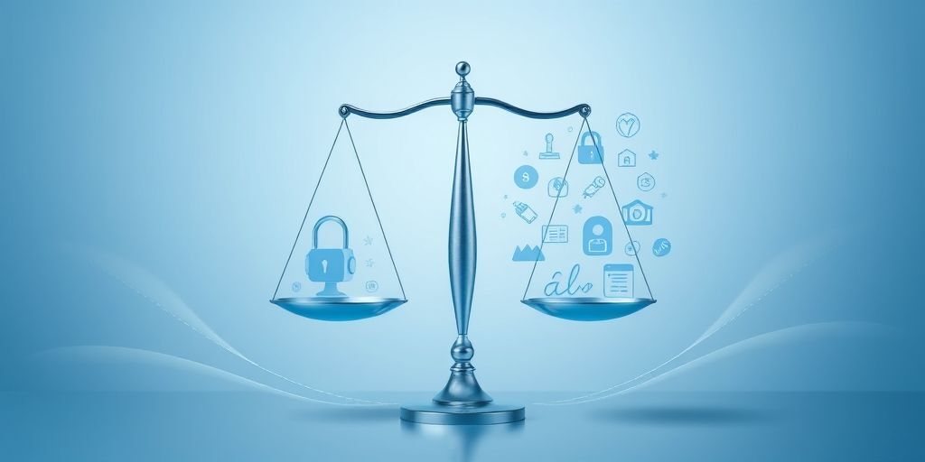 A balanced scale with AI technology on one side and user privacy icons on the other, with Persian text elements about ethical considerations, transparent in a modern minimalist design with soft blue tones.