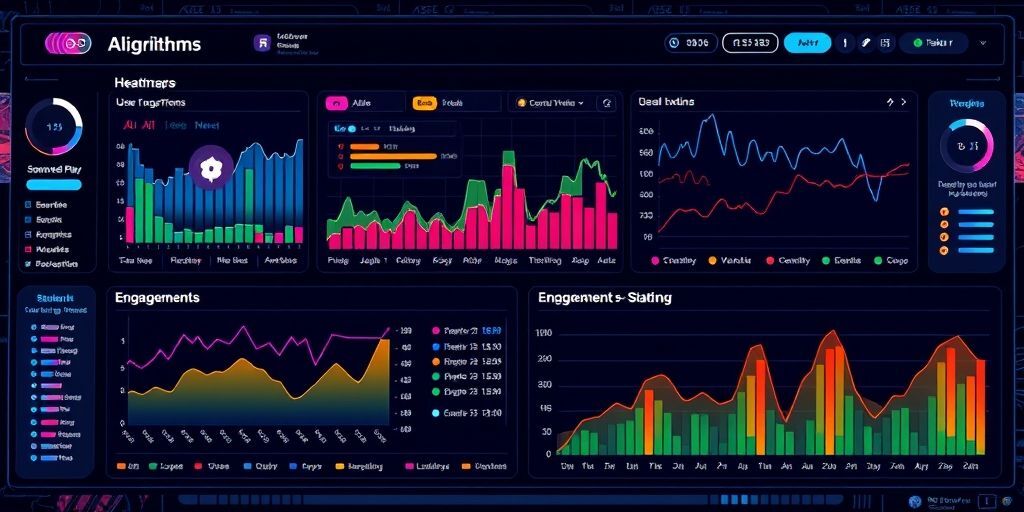 A futuristic dashboard showing AI algorithms processing colorful user interaction data streams on a website, with heatmaps and engagement graphs visually representing user behavior patterns.