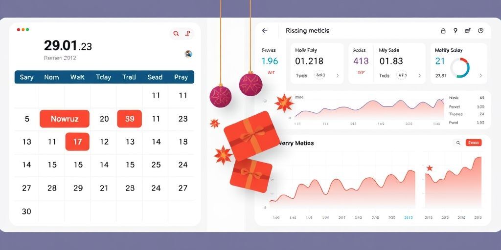 A split-screen graphic showing a calendar with Persian dates highlighting Nowruz and Yalda alongside a digital dashboard displaying rising metrics, with gift cards floating between the sections.