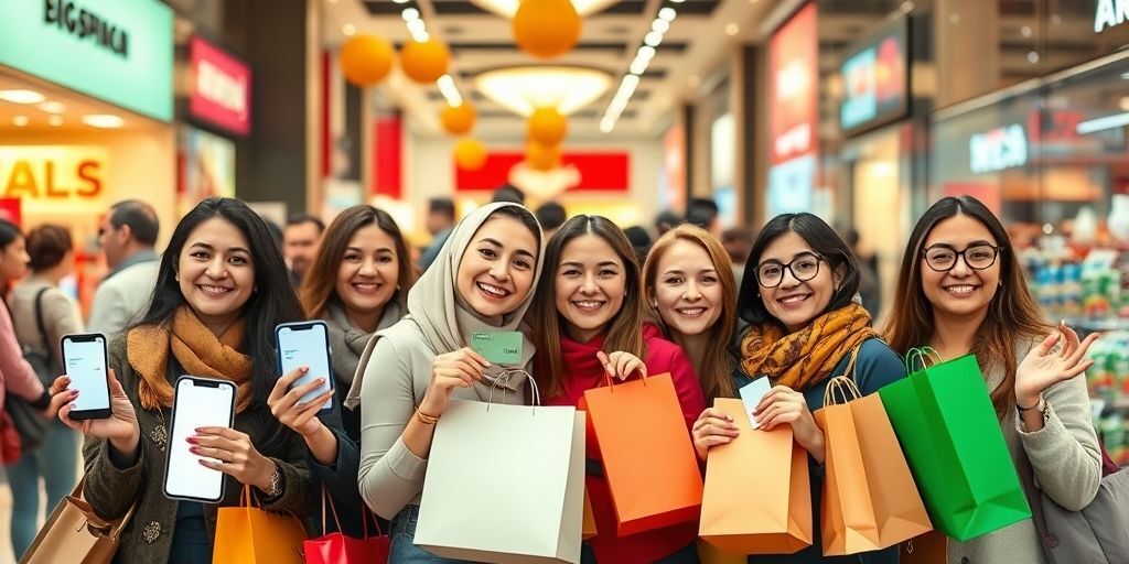 A diverse group of Iranian customers smiling while holding gift cards and shopping bags, with smartphone screens showing successful e-commerce transactions in the background.