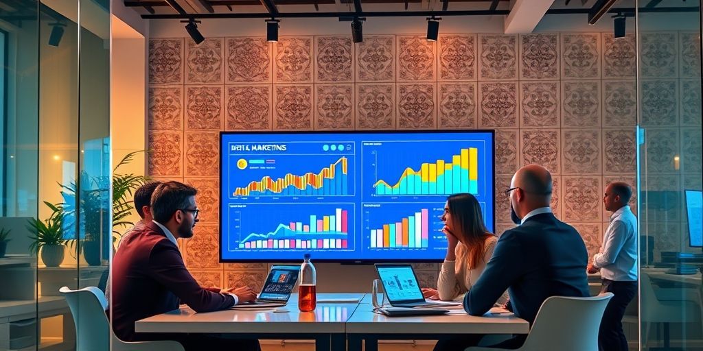 A diverse group of Iranian professionals collaboratively analyzing digital marketing analytics on a large screen, showing charts and graphs with upward trends, in a modern office environment with traditional Persian design elements subtly incorporated.