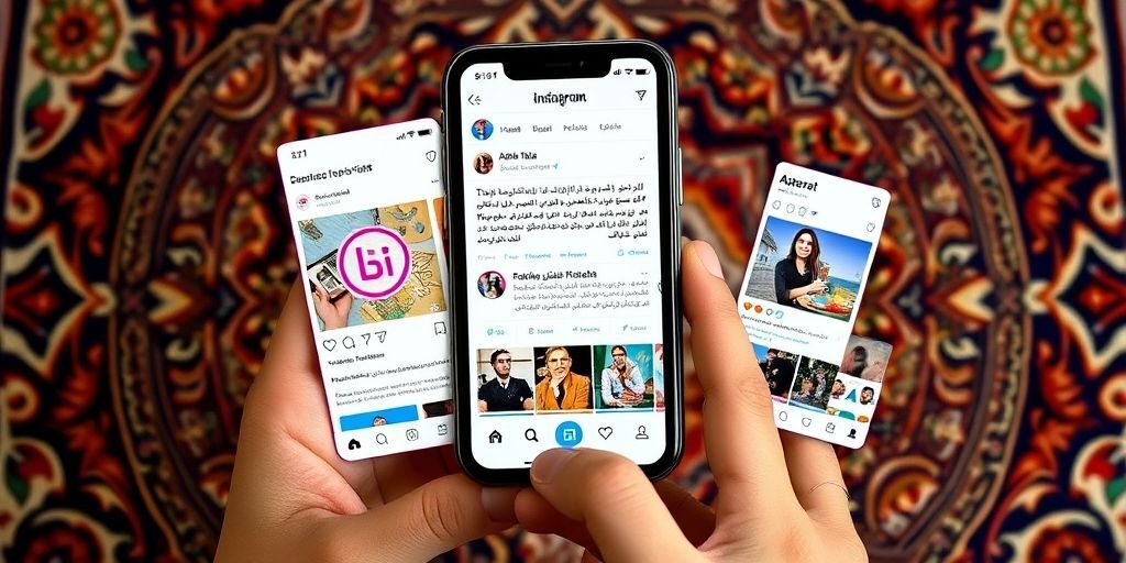 A vibrant collage of popular Iranian social media app interfaces (Instagram, Rubika, Aparat) showing engaging business content in Persian, with like and share interactions visible, on a smartphone held by a person with traditional Persian patterns in the background.