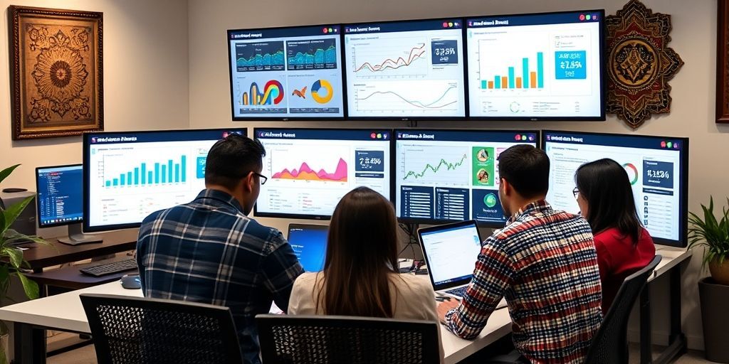 A diverse team of Iranian digital marketers collaboratively analyzing colorful data dashboards on multiple screens, showing real-time website analytics with Persian language labels, in a modern office with traditional Persian art elements on the walls.
