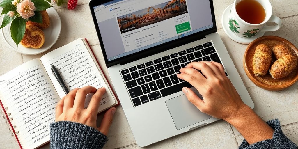 A close-up of hands typing on a laptop keyboard showing Google tools interfaces in Persian, with a notebook featuring handwritten notes in Farsi about SEO strategies, surrounded by traditional Persian sweets and a cup of tea.