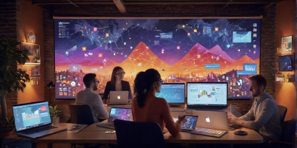 A vibrant and engaging image of diverse marketers collaborating online, showcasing a digital landscape that represents affiliate marketing, with laptops, charts, and social media platforms in the background.