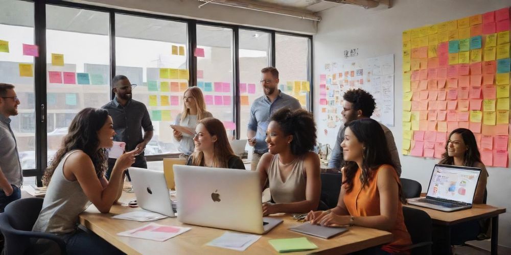 A friendly team meeting where a diverse group of digital marketers discusses strategies on laptops, symbolizing collaboration in affiliate marketing and innovative ideas being exchanged.