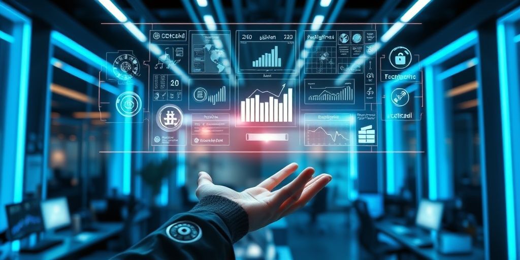 Futuristic holographic dashboard floating above a Persian marketer hands, showing 3D data visualizations with Farsi labels, in a high-tech office environment with blue light accents.