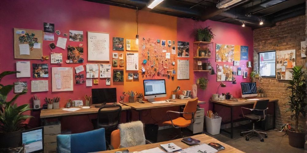 A vibrant workspace filled with creative elements, showcasing a diverse team brainstorming ideas for high-quality online content that attracts and engages website visitors.