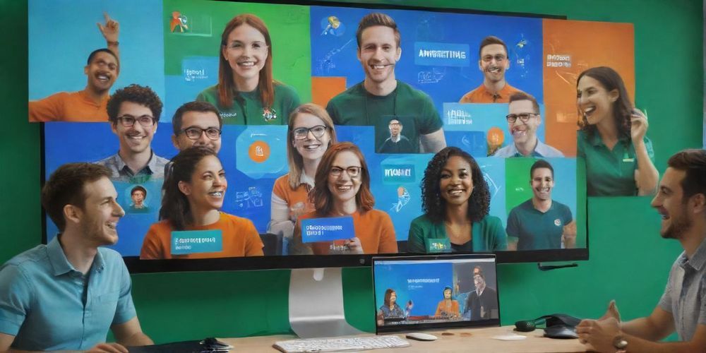 A diverse group of smiling people interacting at a vibrant online webinar, sharing insights and tips for effective online marketing engagement strategies.
