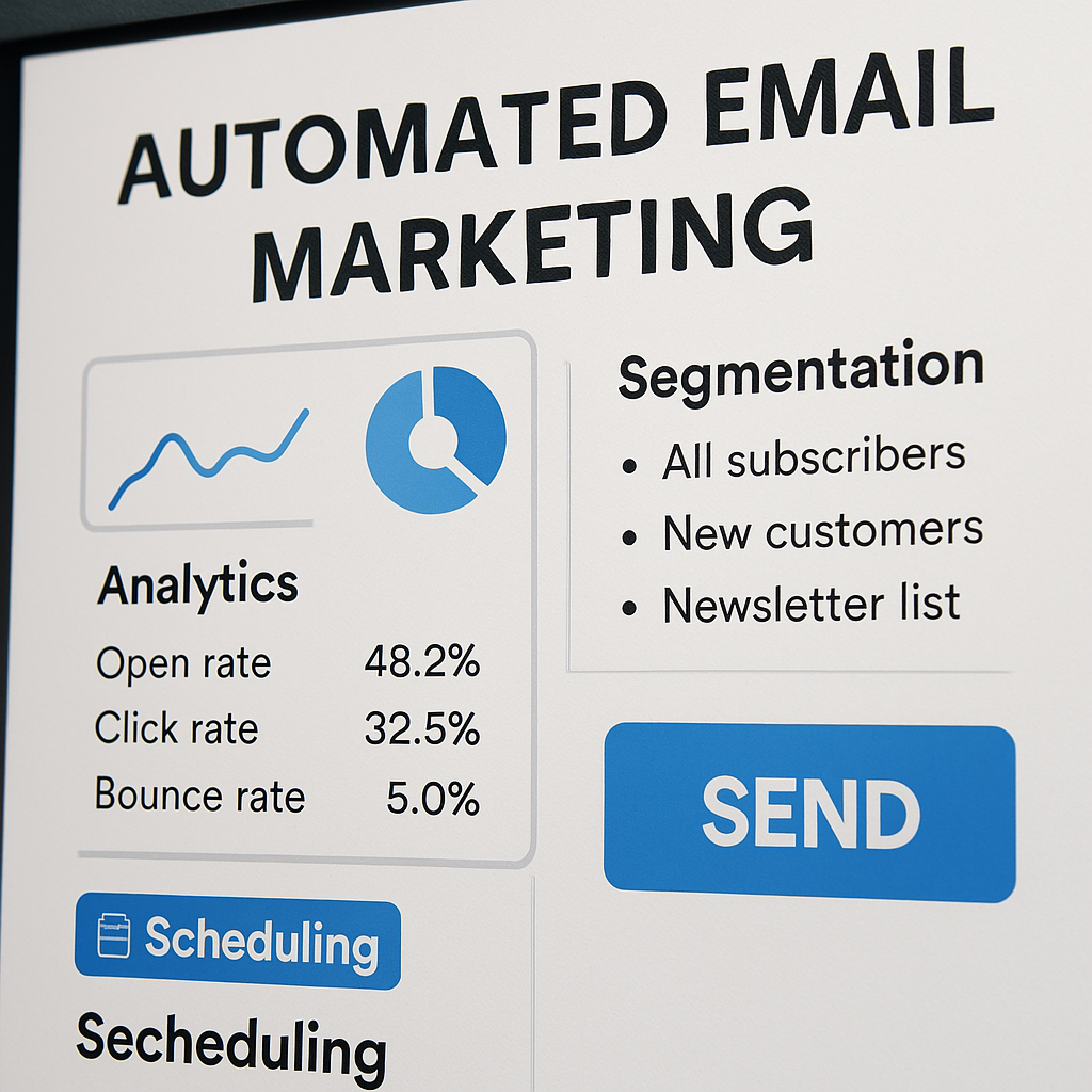 A close-up of a computer screen displaying automated email marketing software, highlighting features like analytics, scheduling, and segmentation.