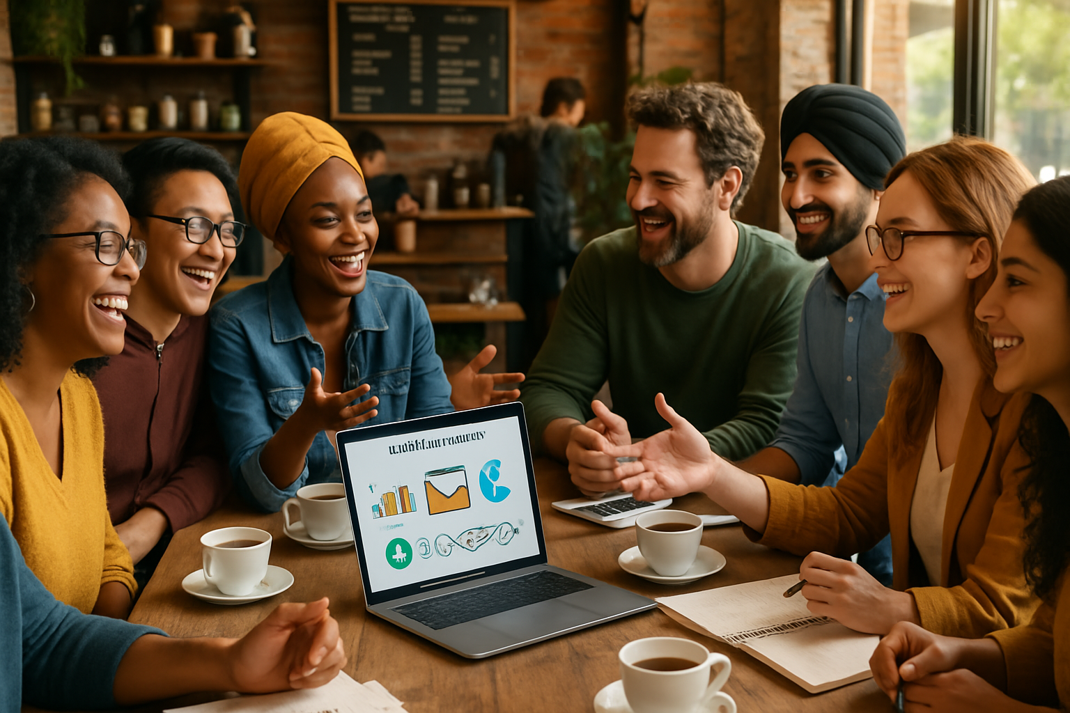 A diverse group of people engaging in a friendly discussion around a table, exchanging ideas about email marketing strategies and customer relationships.
