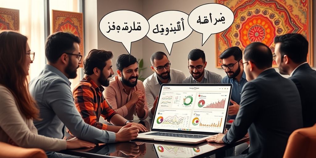 A diverse group of Iranian professionals collaborating around a laptop showing analytics dashboards, with speech bubbles containing Persian characters, in a modern Tehran office with traditional Persian art elements on the walls, natural daylight