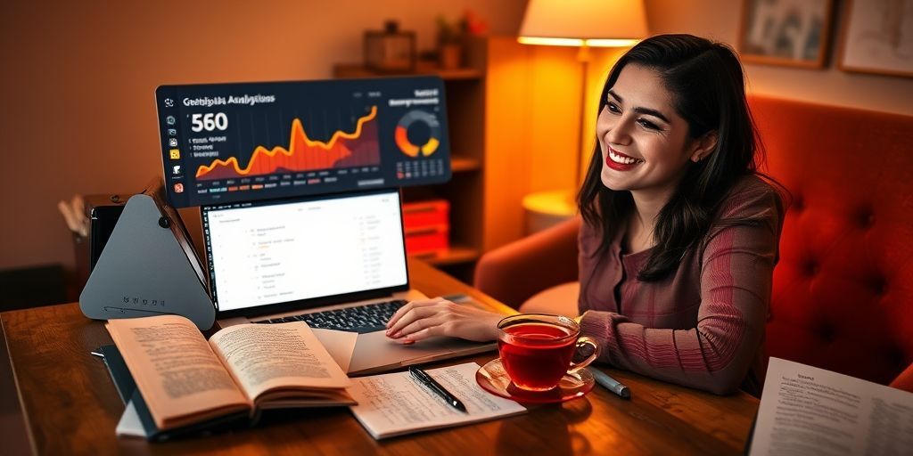 An Iranian woman smiling while analyzing SEO data on a laptop screen showing Persian keywords and Google Analytics dashboard, with a notebook filled with handwritten Farsi notes and a cup of tea, cozy home office setting