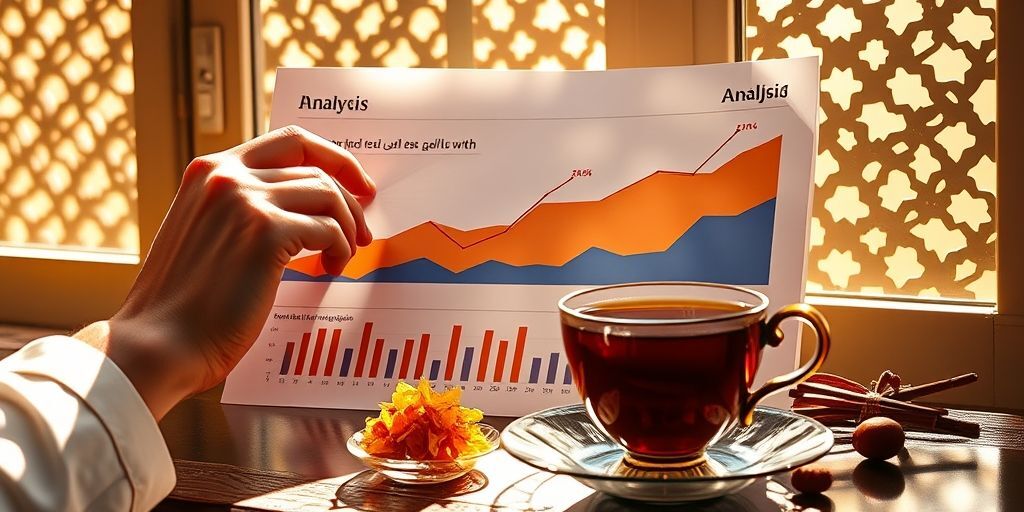 A hand marking points on a Farsi-language analytics report showing upward growth curves, with a cup of Persian tea and traditional saffron rock candy, sunlight filtering through a window with Persian lattice work